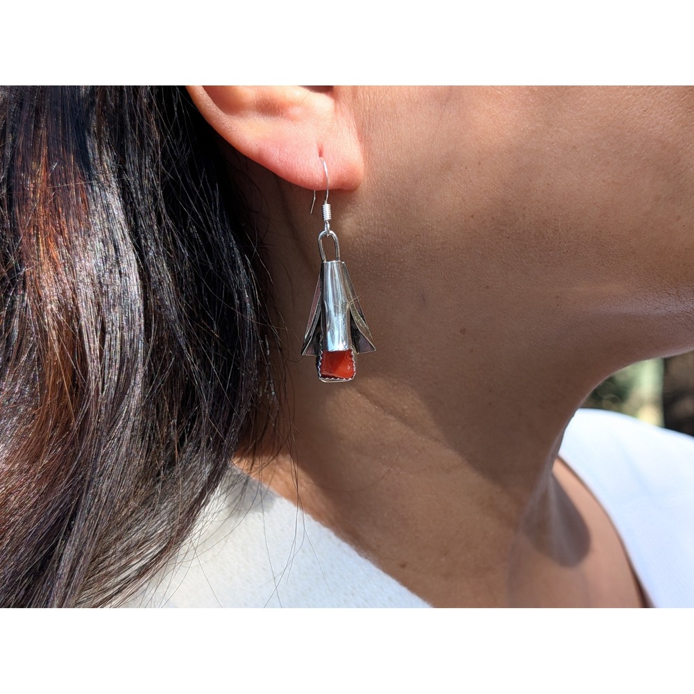 Navajo Branch Coral Squash Blossom Dangle Earrings